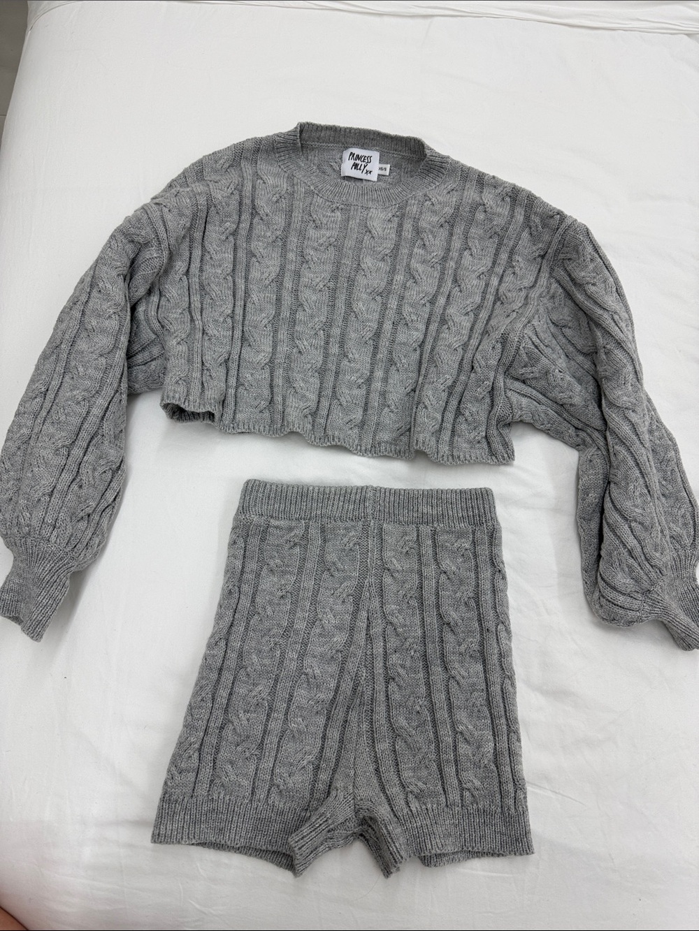 Princess Polly Gray Cable Knit Cropped Sweater & Shorts Pajama Set